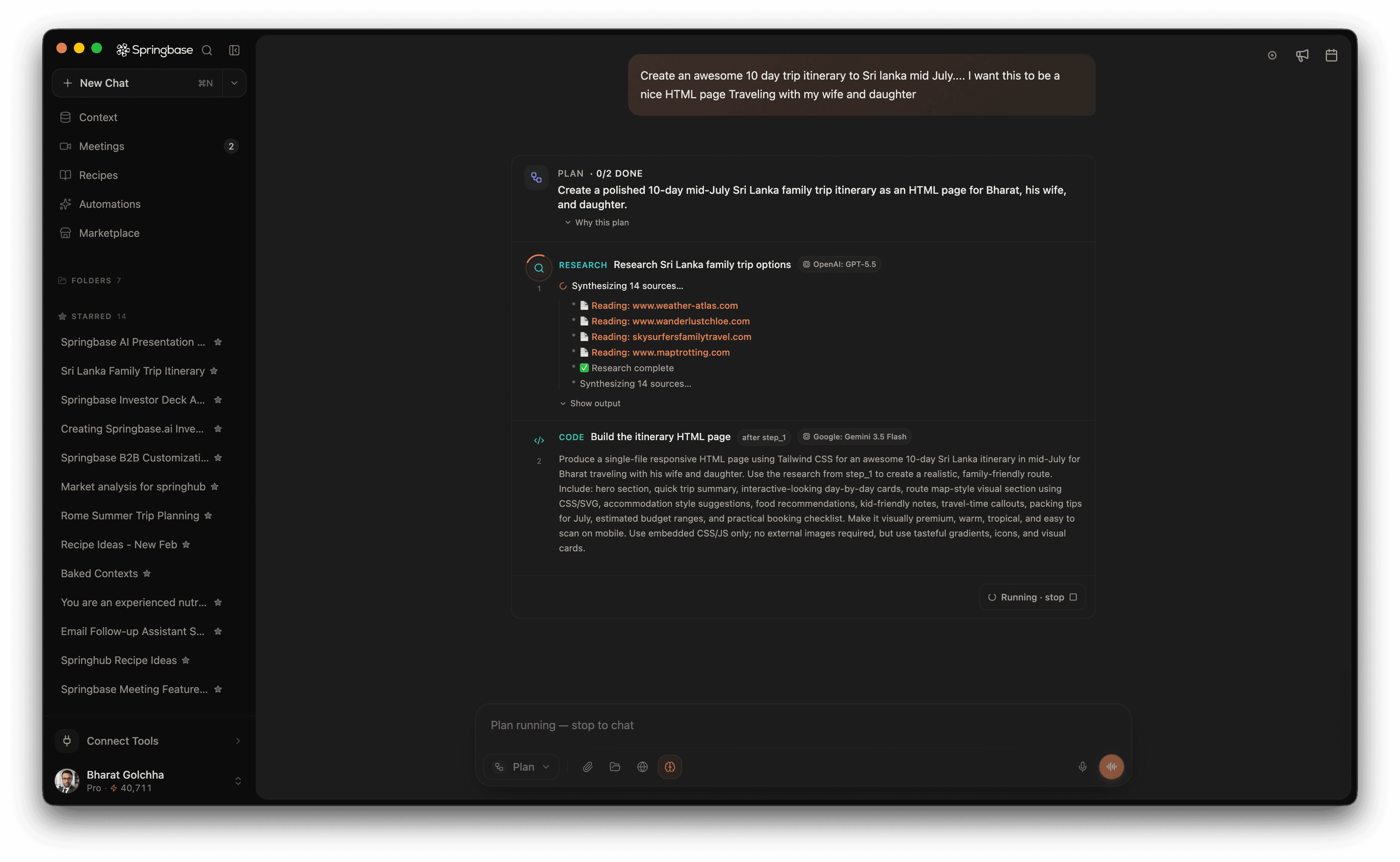 The Springbase desktop app on macOS, running Plan Mode