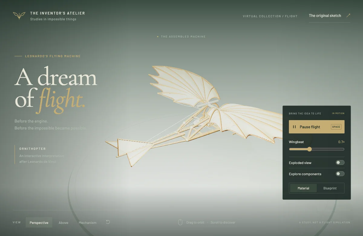 Ornithopter — A Dream of Flight: Leonardo’s winged flying machine in an interactive 3D atelier, with flight and blueprint controls.